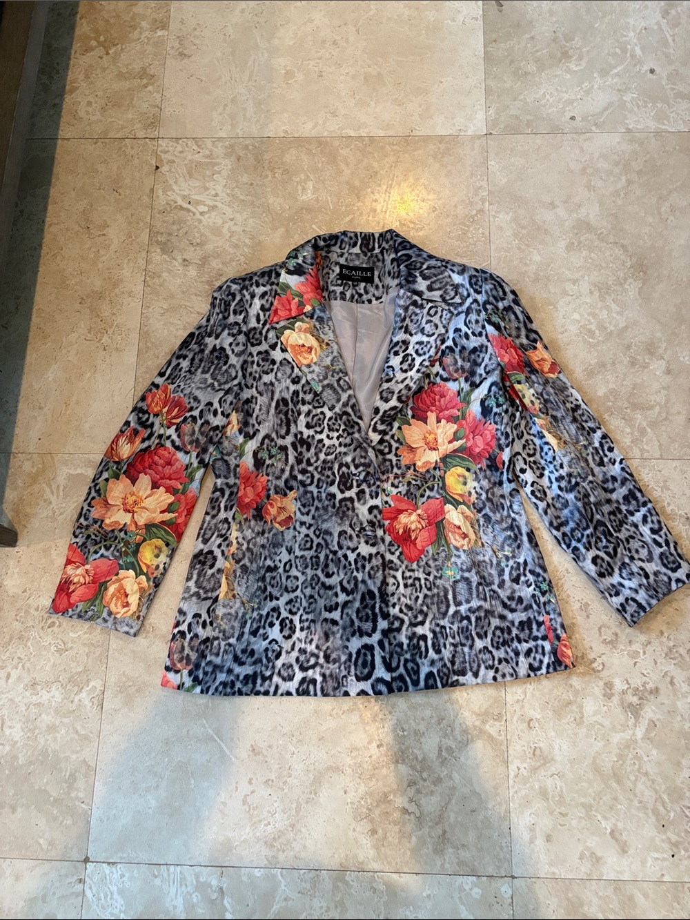 Floral Leopard Print Women's Blazer - Gray with Multicolor Florals